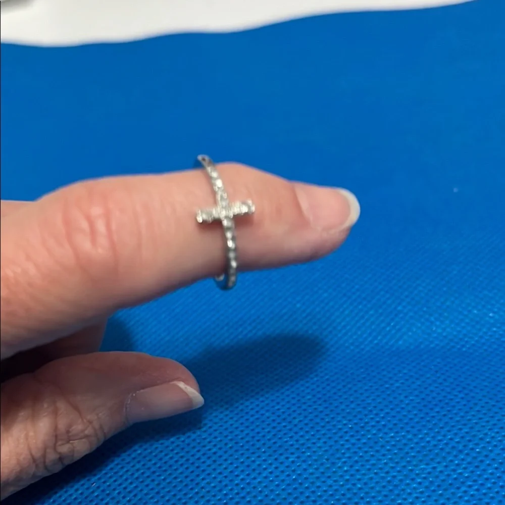 Source Unknown Silver Cross Ring with Crystals